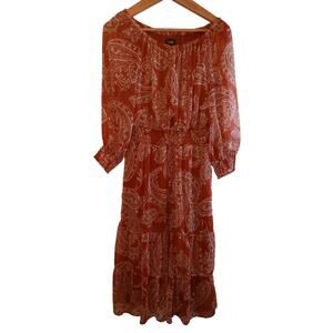 MSK Womens Midi Dress Size S Burnt Orange Paisley Cottagecore Blouson